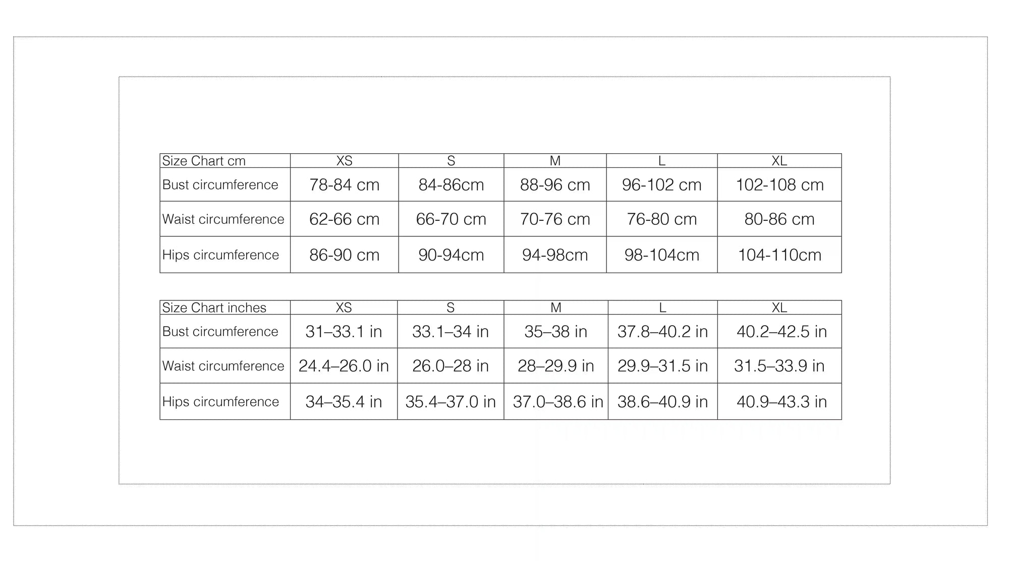Size chart enlarged view